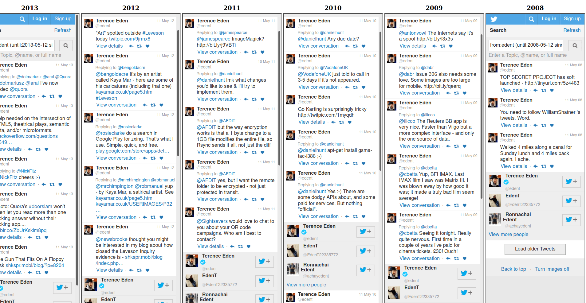Several columns of Tweets. Each one from a previous year.