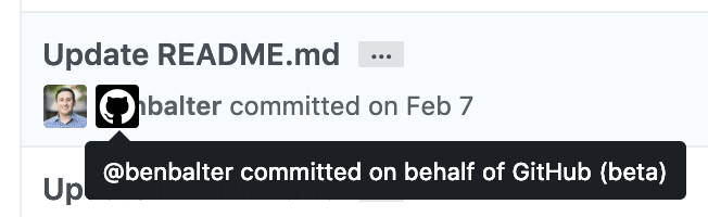 A GitHub commit message with a badge saying it was committed on behalf of some organisation.