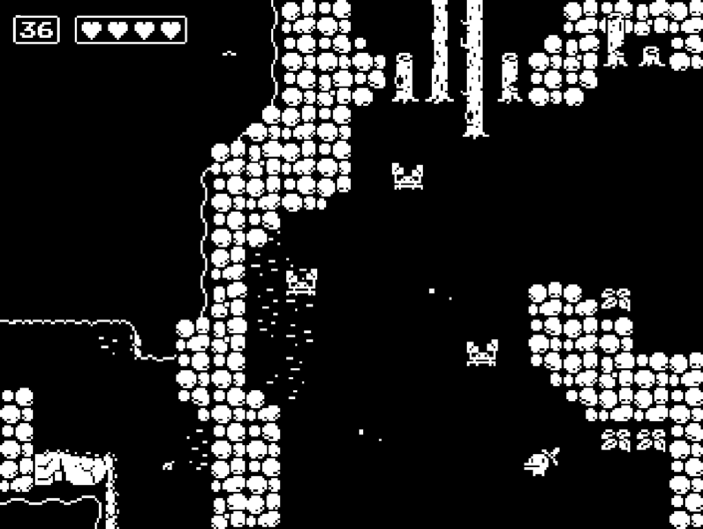 Black and white graphics in a blocky style.