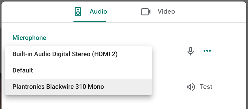 Google Meet lets me choose default, HDMI, or headphones.