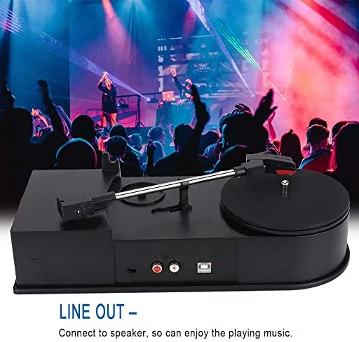 A crappy plastic record player photoshopped so it looks like it is in a rave.