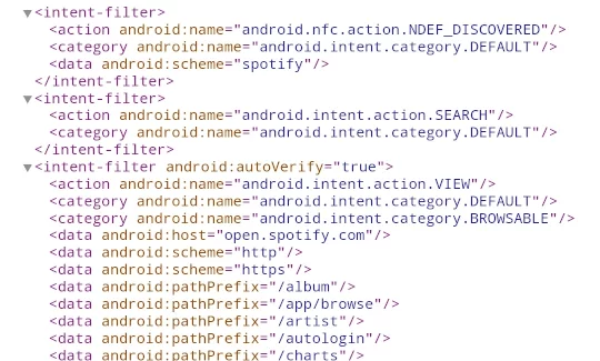 An XML tree of an Android Manifest.