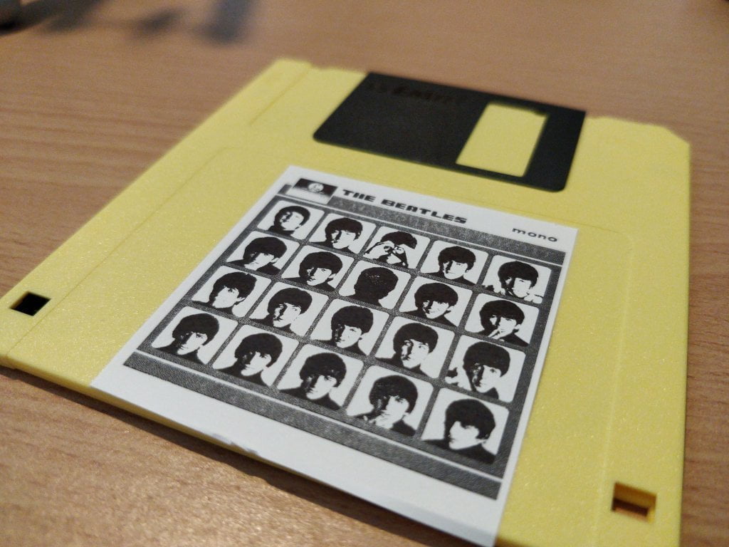 A floppy disk with a low fidelity label of A Hard Day's Night.