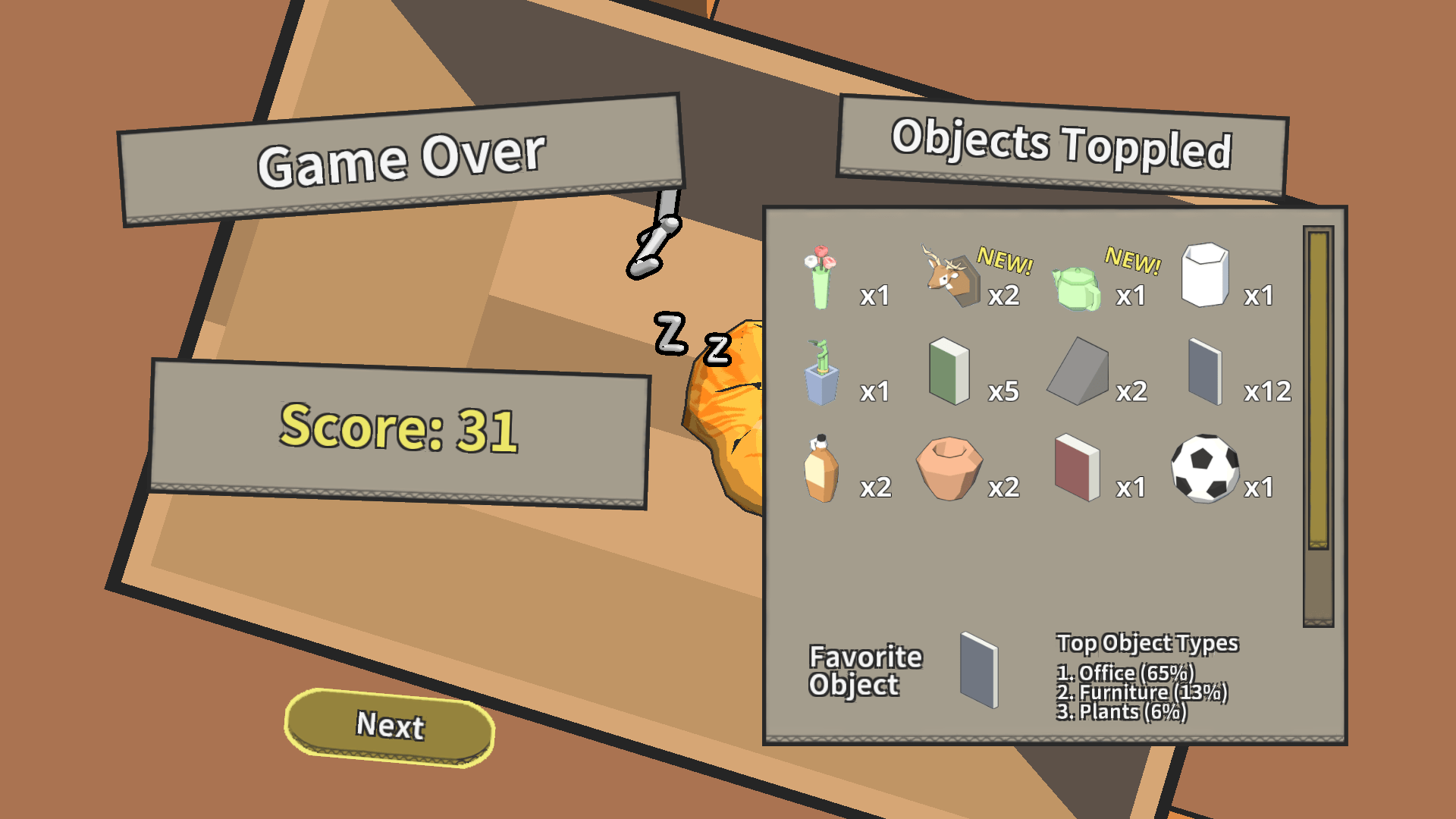 Game over screen showing how many things you've knocked off.