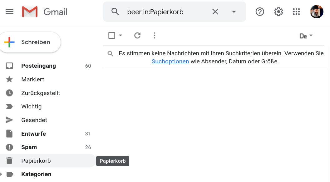 The Gmail interface in German.