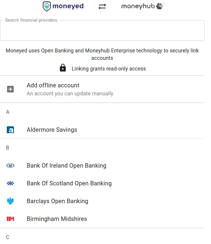 List of OpenBanking providers.