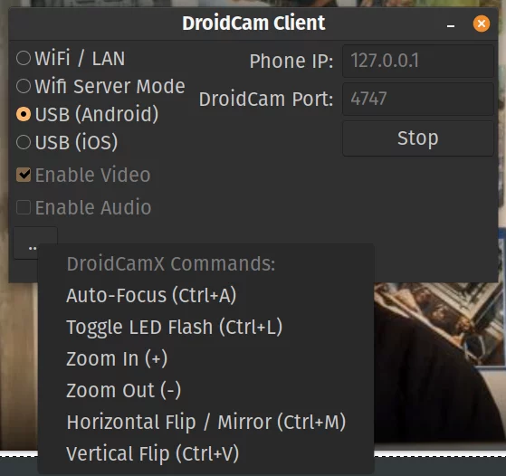 A settings screen with options to stream over WiFi or USB.