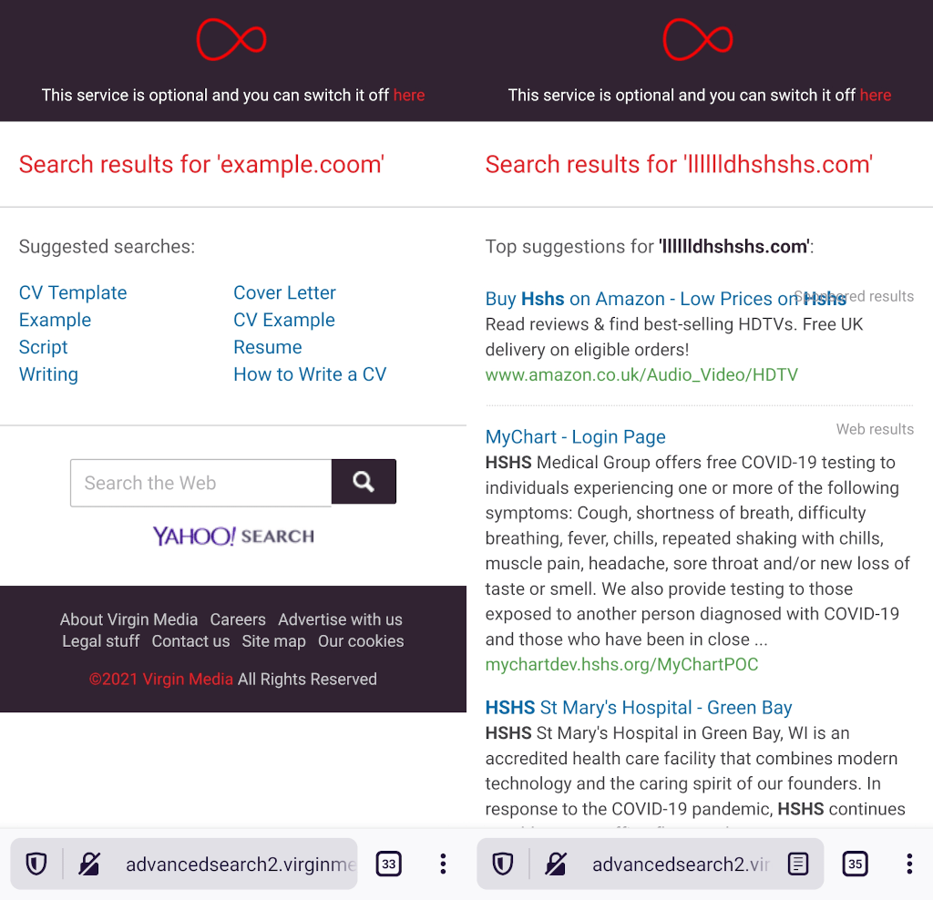 Screenshots showing adverts next to my mispelled domain.