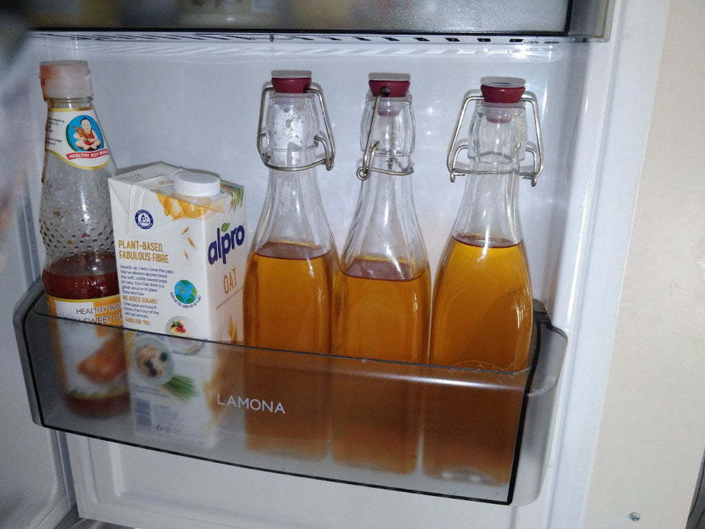 Bottled beer in fridge.