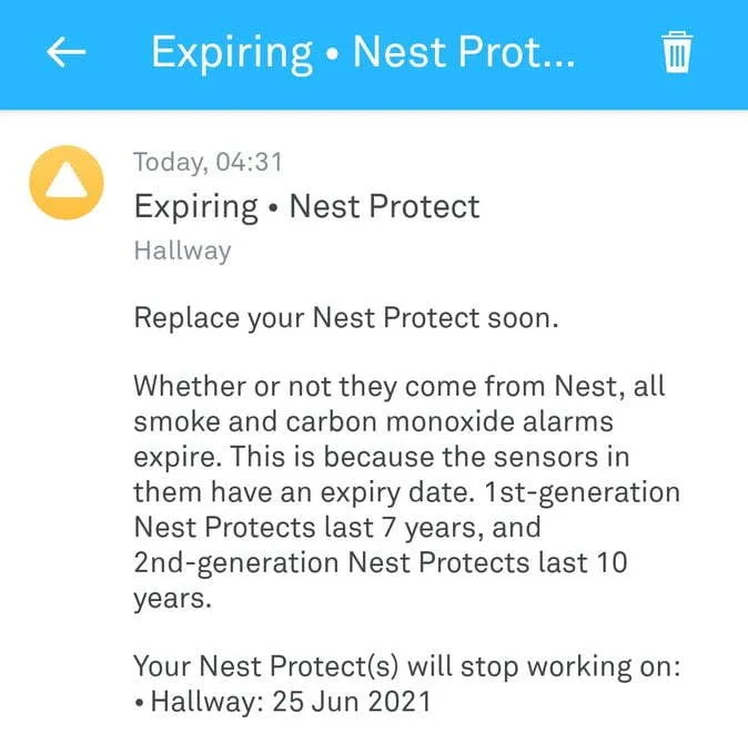 In app warning that my Nest smoke alarm needs replacing.