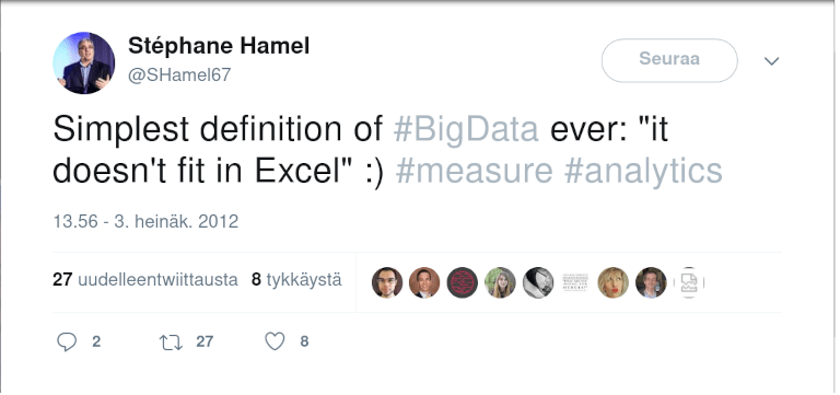 Screenshot of a Tweet.
Stéphane Hamel saying 'Simplest definition of #BigData ever: "it doesn't fit in Excel" :) #measure #analytics'