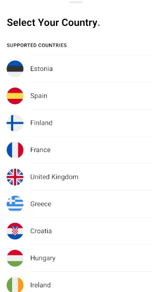 A list of flags. Estonia, Spain, Finland, France, UK, Greece, Croatia, Hungary, Ireland.