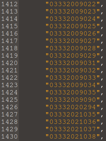 A long list of phone numbers, all with the same prefix.