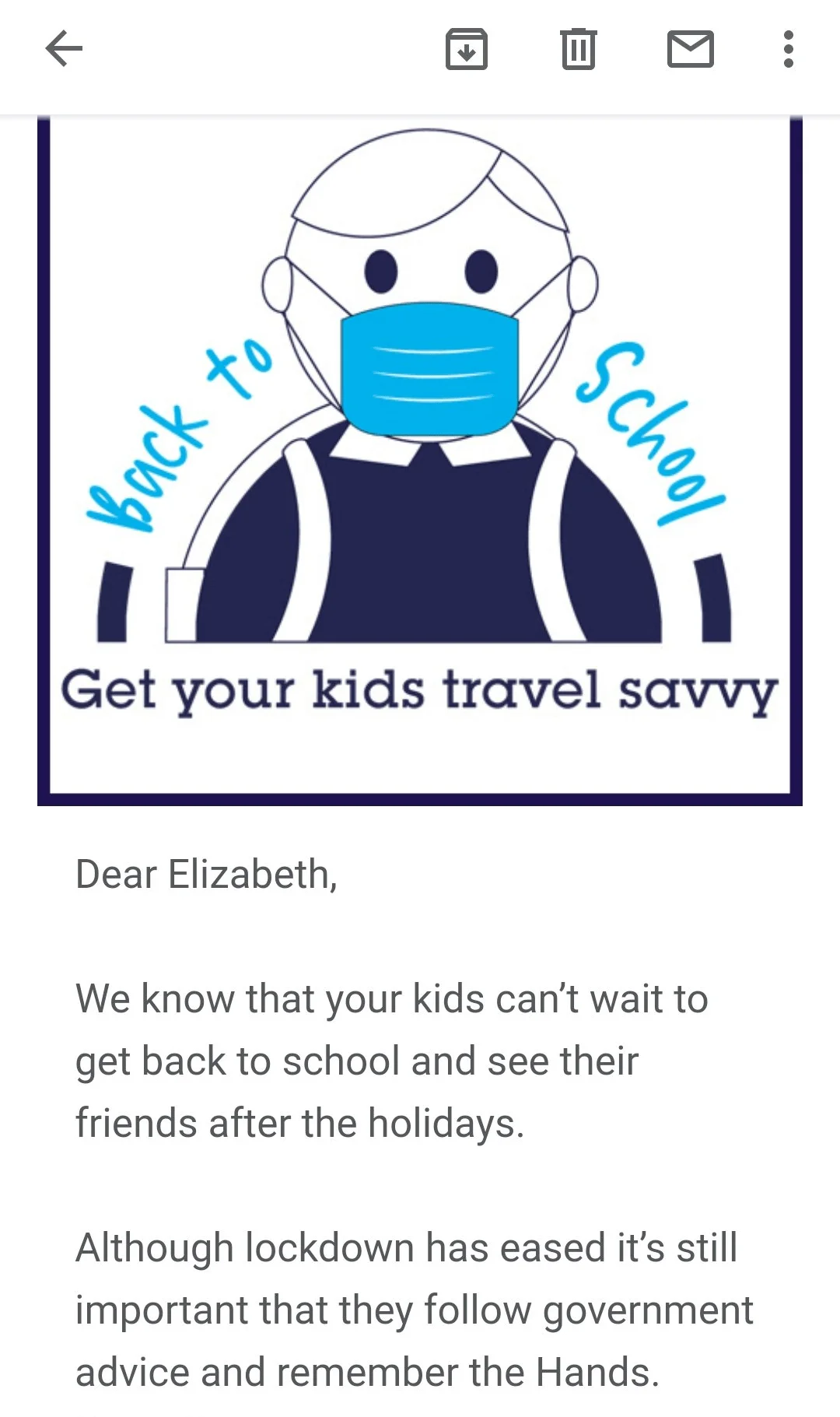 Email promting parents to get their kids travel savvy.