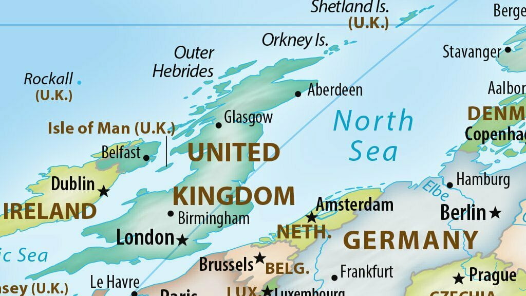 Close up of the UK, major cities are labelled.