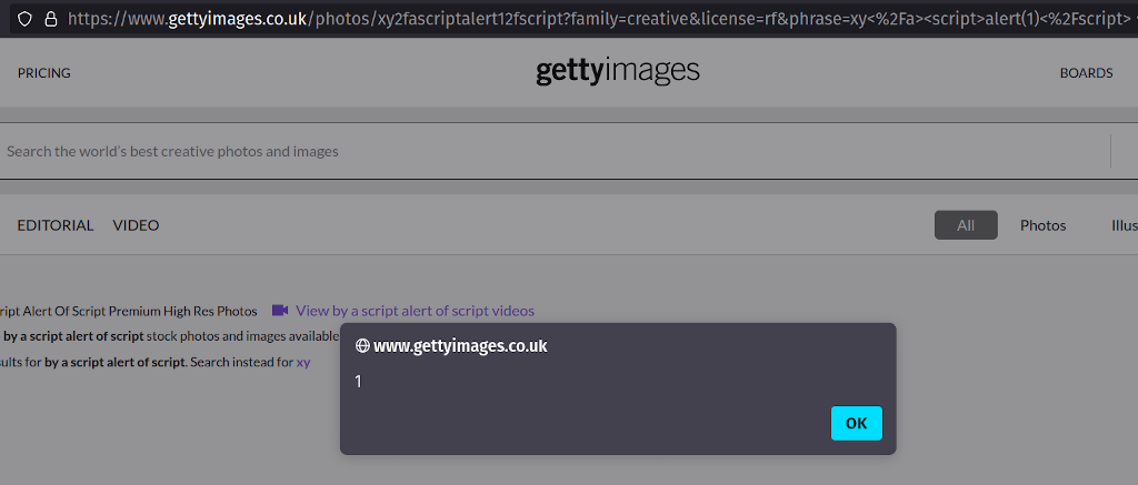Javascript popup on the Getty Images website.