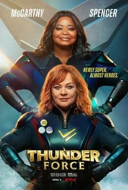 Movie poster featuring two older women in skintight superhero costumes.