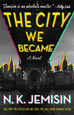 A book cover featuring looming text over a city skyline.