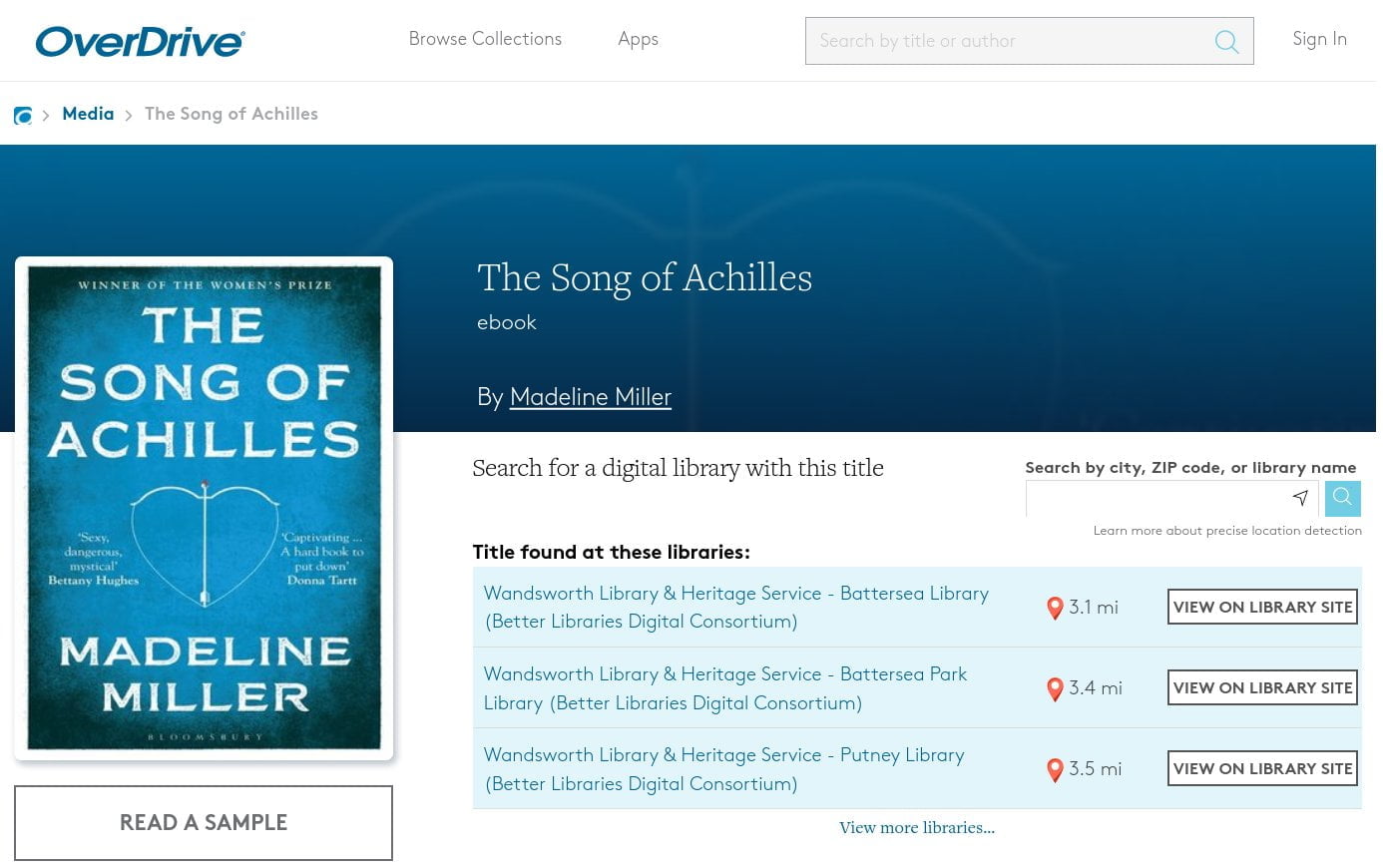 OverDrive web page showing which local libraries have the book to borrow.