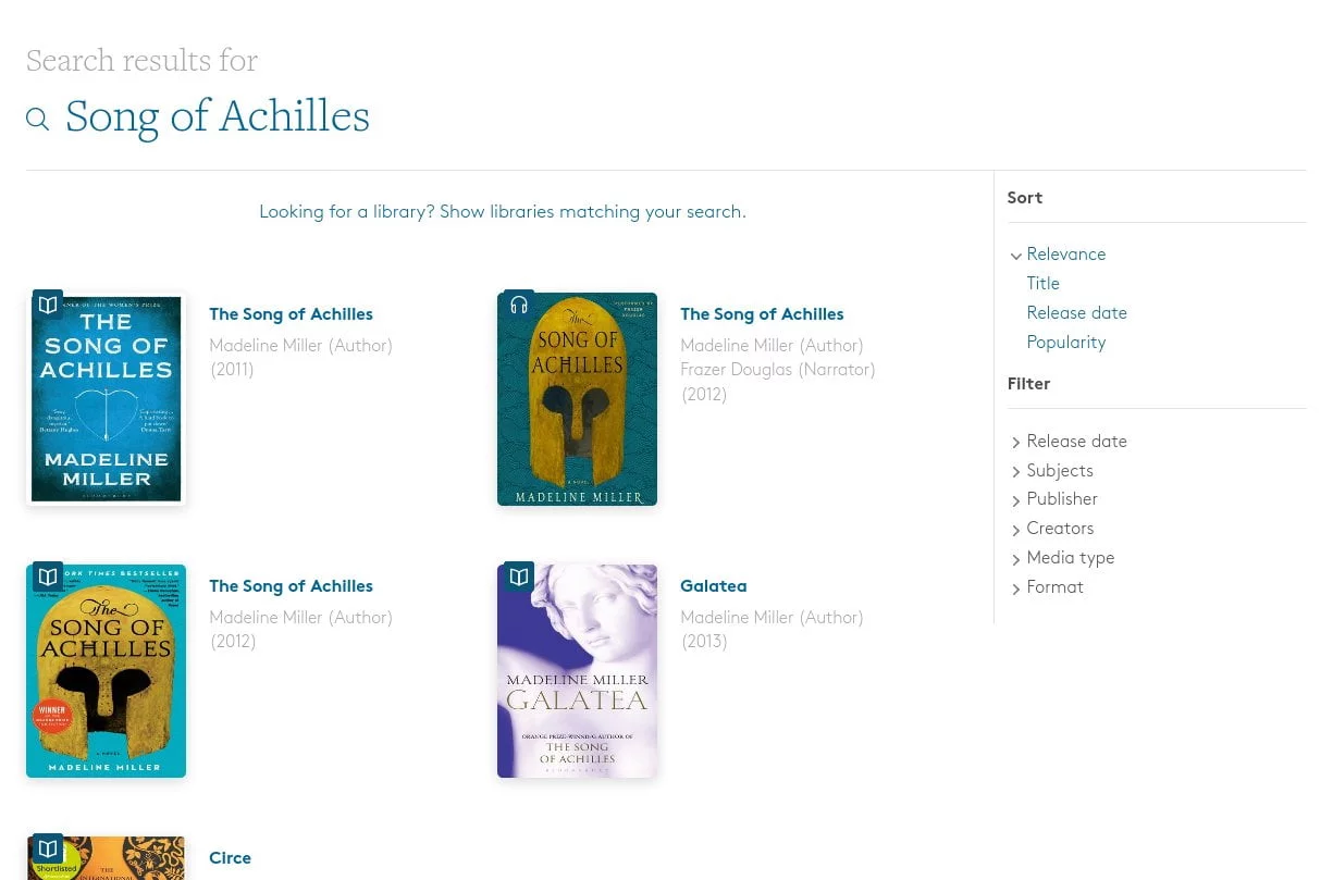 List of items matching the search "Song of Achilles" - includes two versions of the book, an audio book, and other work by the author.