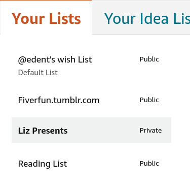 A list of Wishlists. Liz's presents is marked as private.