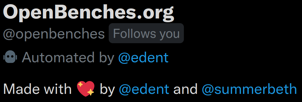 Screenshot showing the @openbenches account is Automated by @edent.
