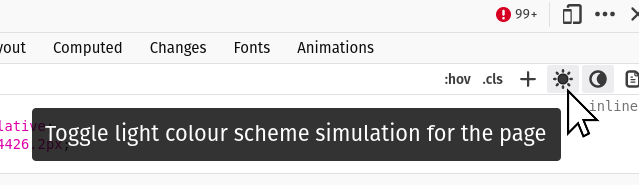 Firefox dev tools. A pop up informs you that the colour scheme can be toggled.