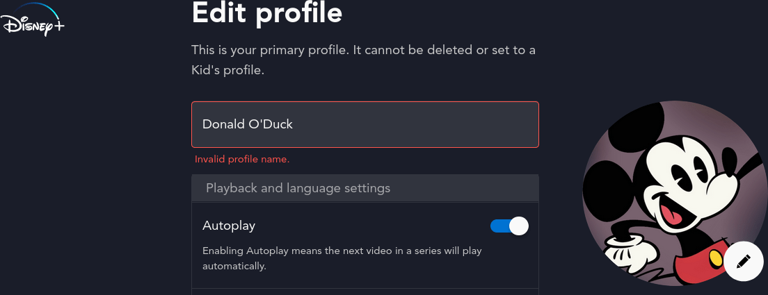 An apostrophe in Donald O'Duck causes the profile name to display an error.