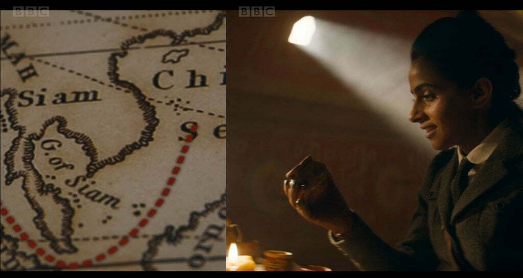Screenshot from the episode. A dotted red line traverses a foreign map.