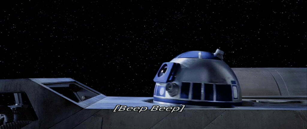 R2 in an X-Wing saying "beep beep".