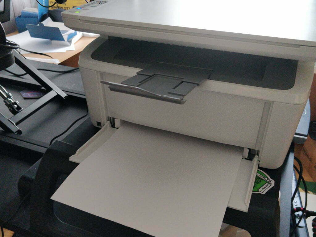With the paper tray open, the printer is much bigger.