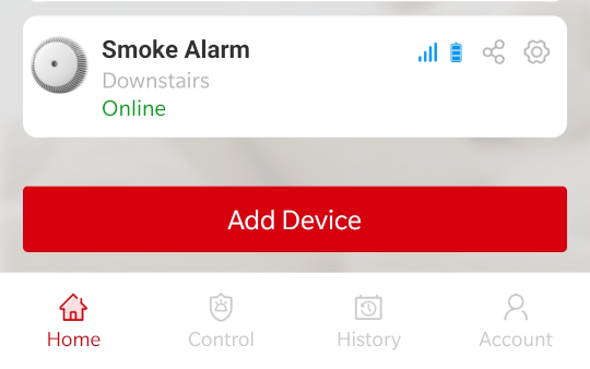 In app screenshot showing smoke alarm in the control panel.