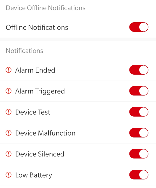 In app screenshot showing all the notifications which can be toggled.