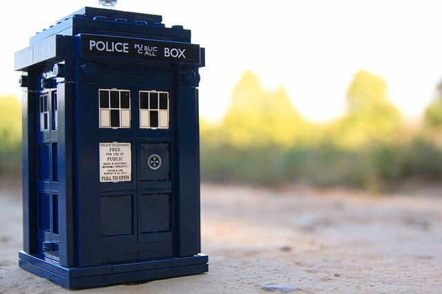 A tiny TARDIS made of Lego.