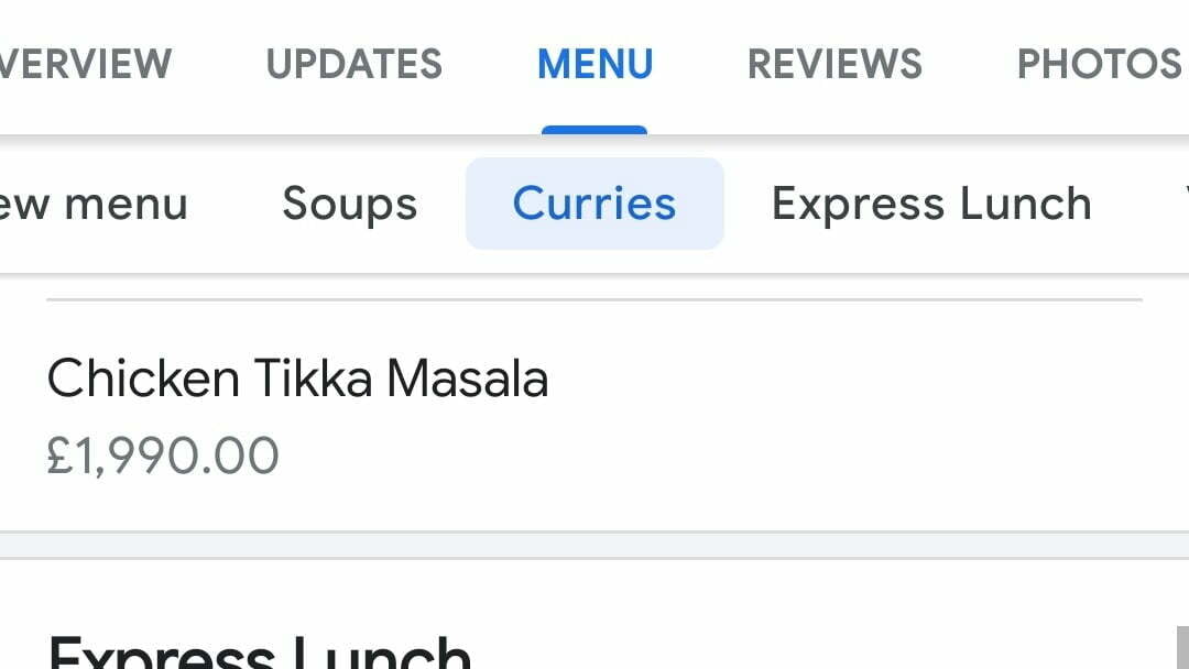 Chicken Tika Massala listed for £1,990.