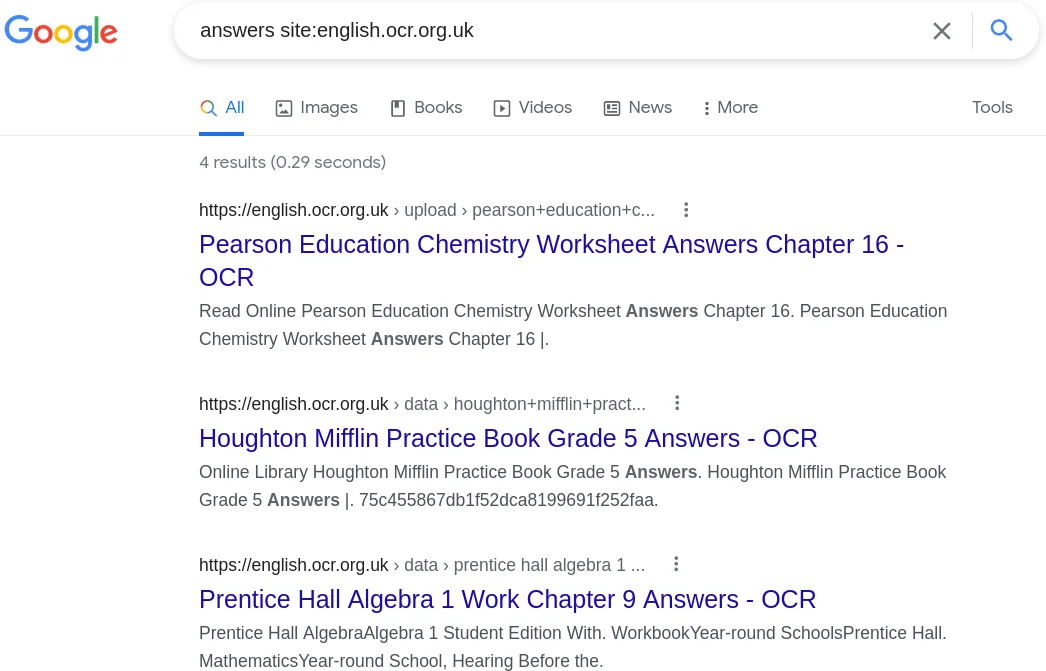 Screenshot of Google results showing a bunch of answer books on the OCR page.