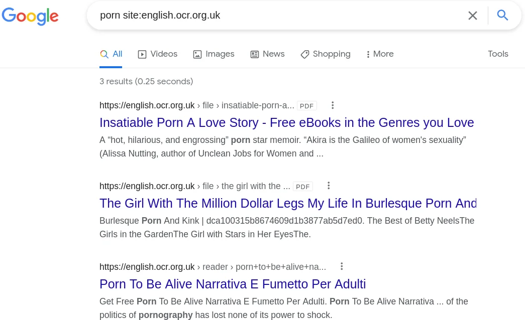 Screenshot of Google results page showing pornographic content on the OCR page.