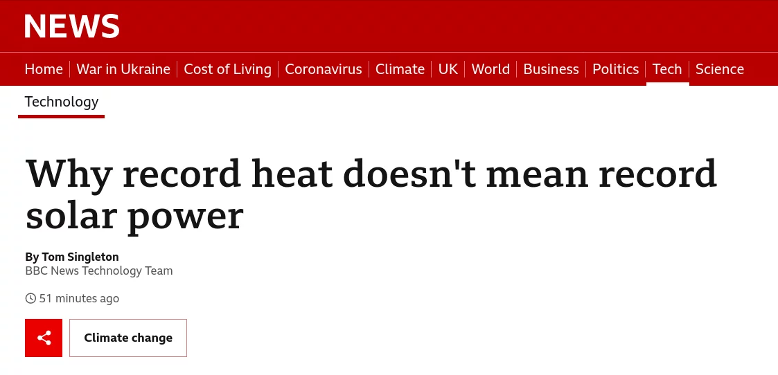 BBC headline "Why record heat doesn't mean record solar power".