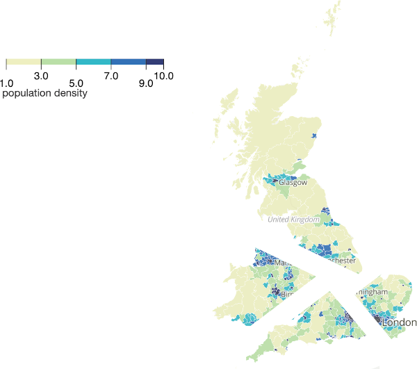 Map split in four, bisecting Manchester and London.