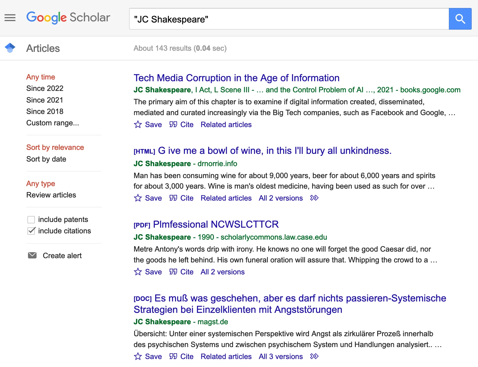 Screenshot of Google Scholar results. Shakespeare has, apparently, written about law, technology, wine, and an article in German.