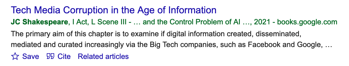 Screenshot of Google Scholar result for "Tech Media Corruption in the Age of Information by JC Shakespeare".