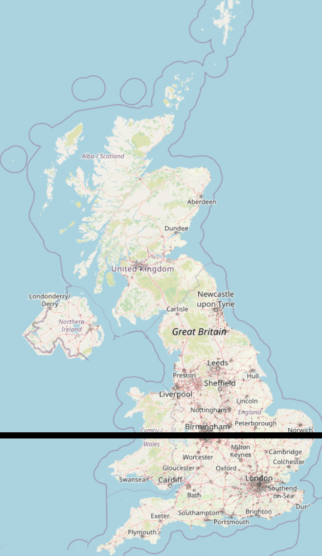 Map of the UK with a black line just below Birmingham.