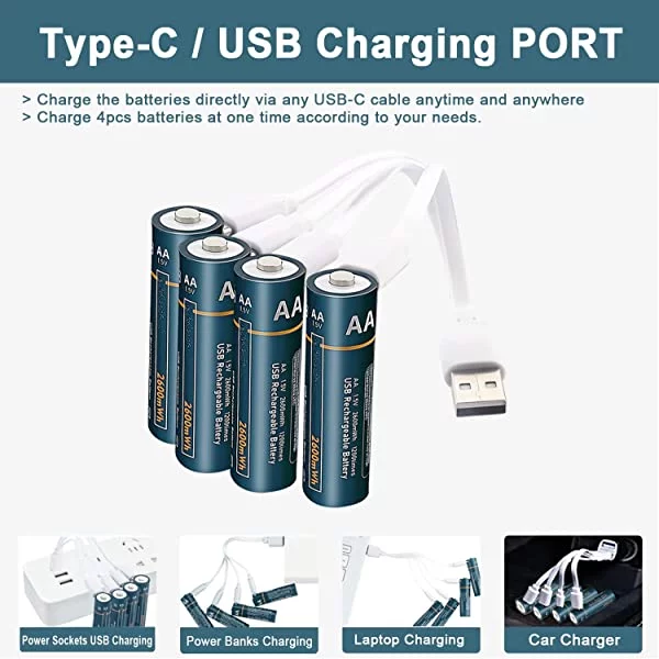 Four small batteries connected by a USB-C cable.