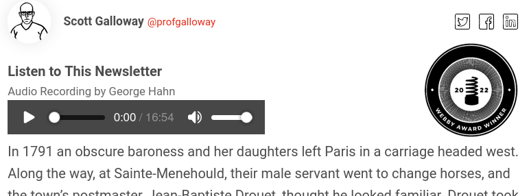 Screenshot of a blogpost saying that the audio version has been recorded by "George Hahn".
