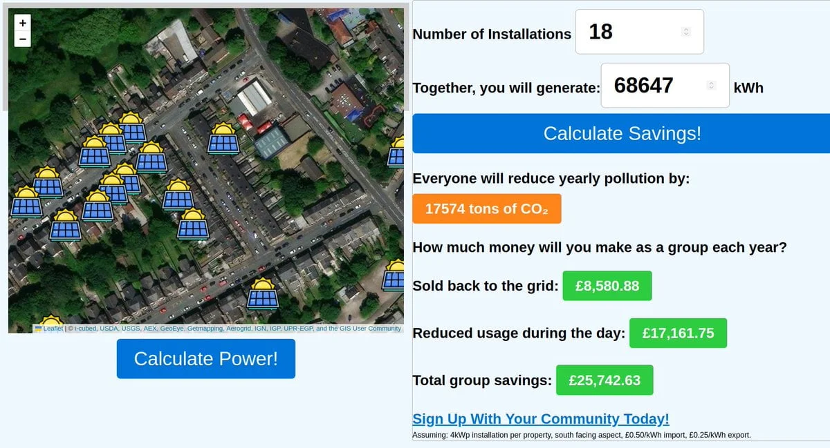 Screenshot of the demo page. A street is covered in solar panel icons.