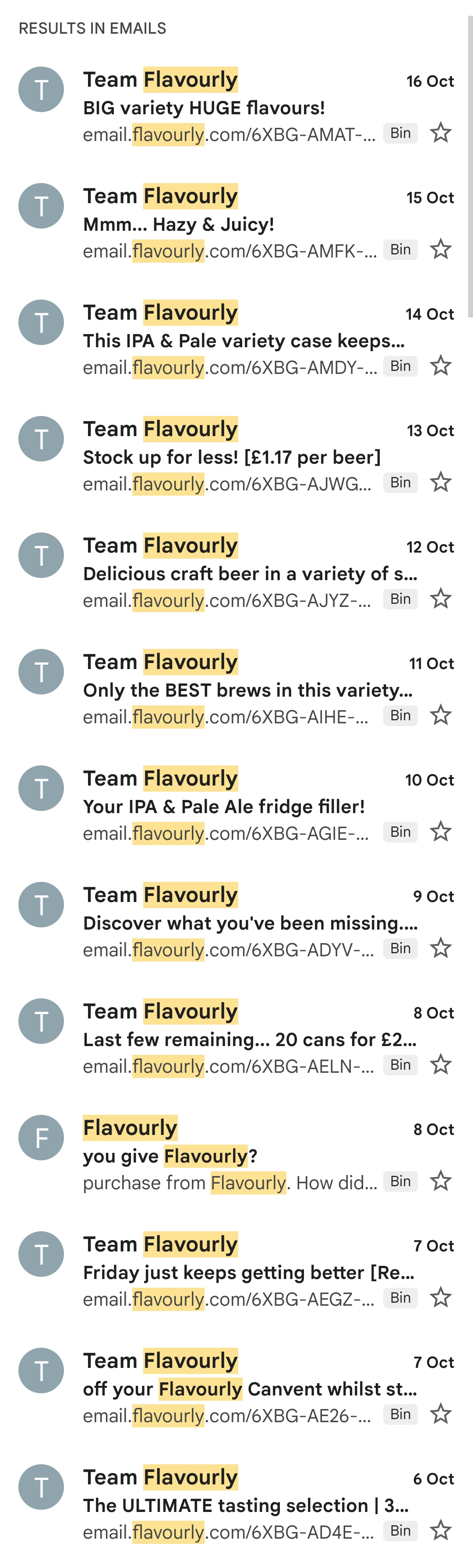 Screenshot of a long list of emails from Flavourly.