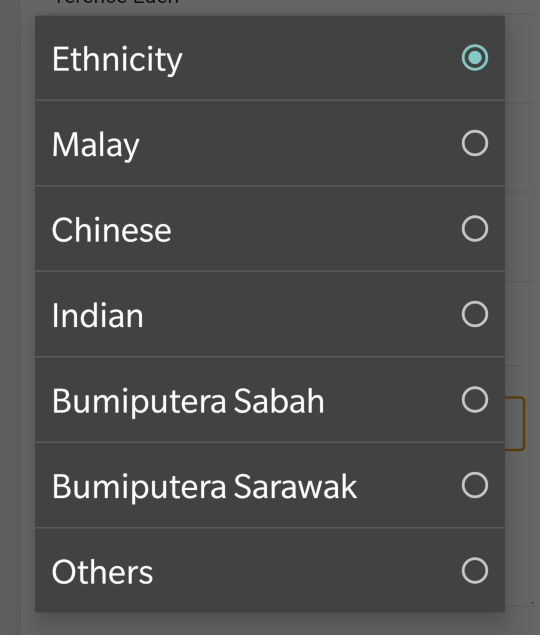 Dropdown box asking for my race or ethnicity. The options are Malay, Chinese, Indian, Bumiputera Sabah, Bumiputera Sarawak, or other.