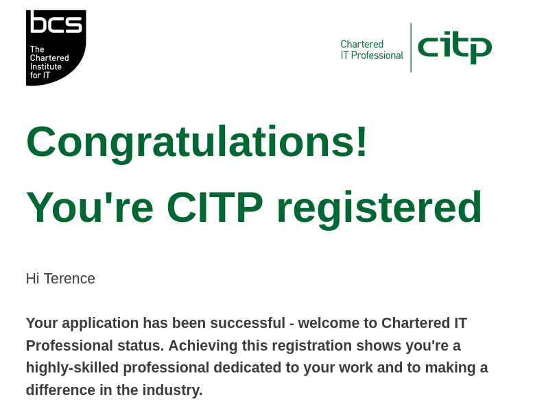 Screenshot of an email congratulating me on becoming registered.