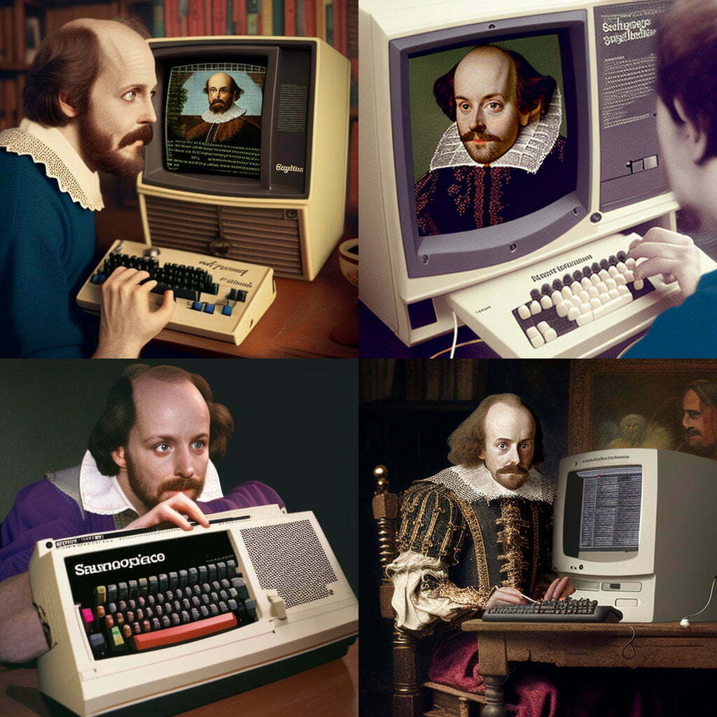 Four generated images of William Shakespeare programming a computer.