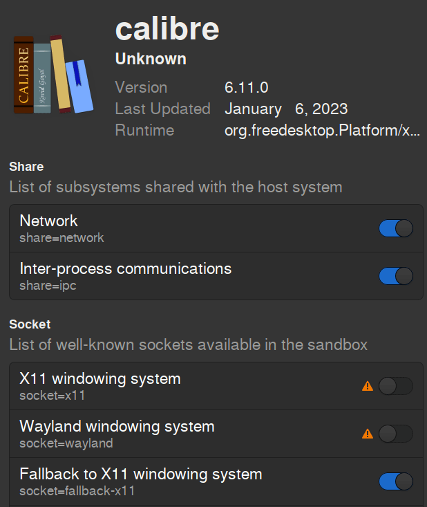 Screenshot of the Flatseal settings screen with the Wayland option unticked.